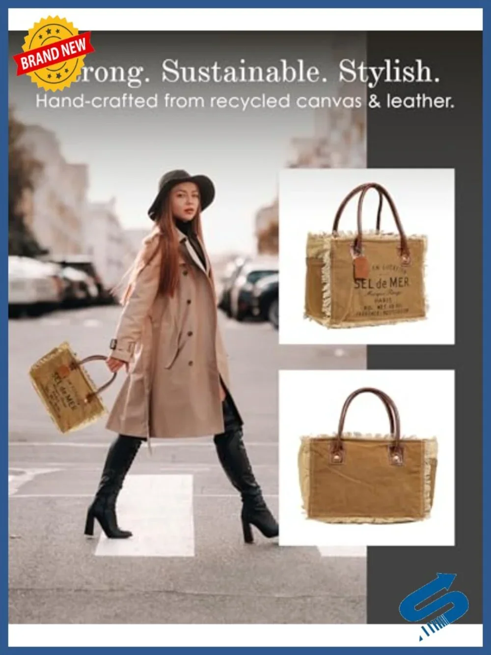 Canvas Tote Bag with Leather Strap French Inspired Handbag for Women